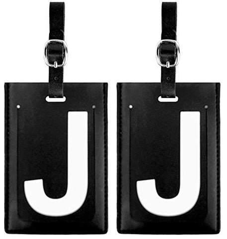 Personalized Leather Luggage Tags (Matching Set of 2): High-Contrast Debossed Initial J – Flexible Custom Travel Tags w/Extra Address Cards & Privacy Flap to Protect Personal Information (2-pack, J)