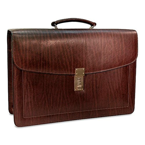 Jack Georges [Personalized Initials Embossing] Belting Triple Gusset Leather Briefcase w/Combination Lock in Brown