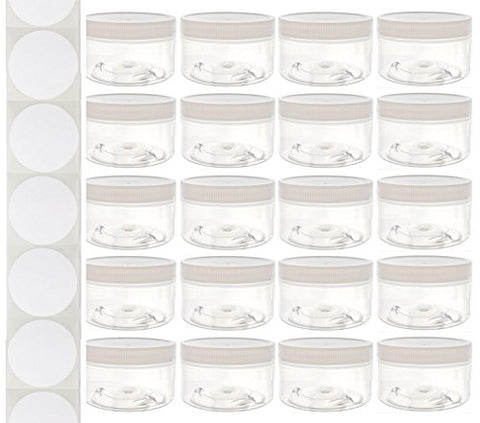 4 Ounce Plastic Wide-Mouth Storage Jars (20 pack) with Labels - Low Profile Straight-Sided Clear Empty Refillable Food-Grade BPA-Free PET Containers with White Screw-On Lids for DIY Beauty, Crafts