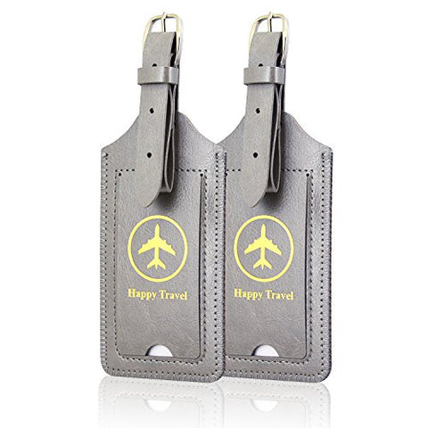Luggage Tags, Acdream Leather Case Luggage Bag Tags Travel Tags 2 Pieces Set (Grey)