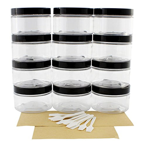 4oz Clear Plastic Jars with Labels & Spatulas & Lids (12-Pack); Straight Sided PET Low Profile BPA-Free Containers Great for Cosmetics, Kitchen, Gifts & Travel (12-Pack, Clear)