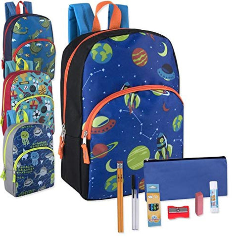 24 Pack Bulk Backpacks with School Supplies, 15 Inch Preassembled Backpacks with Essential School Supply Kit for Grades K-8 (Boys)