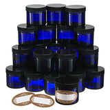 Pack of 24-2 Oz Small Glass Jars with Air-tight Lids - Empty Little Glass Refillable Cosmetic Containers with Labels - Cobalt Blue - BPA Free (24 Pack)
