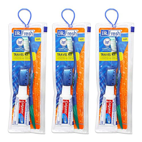 Toothbrush Travel Kits for Adults Teens Kids ~ 3 Pack Travel Size Toiletries Bundle Includes Toothbrush, Cover, Toothpaste, and Travel Bag