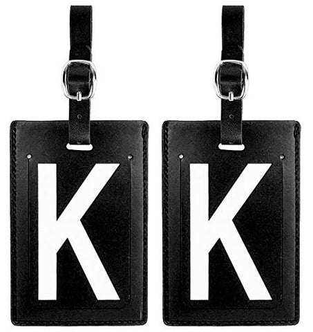 Personalized Leather Luggage Tags (Matching Set of 2): High-Contrast Debossed Initial K – Flexible Custom Travel Tags w/Extra Address Cards & Privacy Flap to Protect Personal Information (2-pack, K)