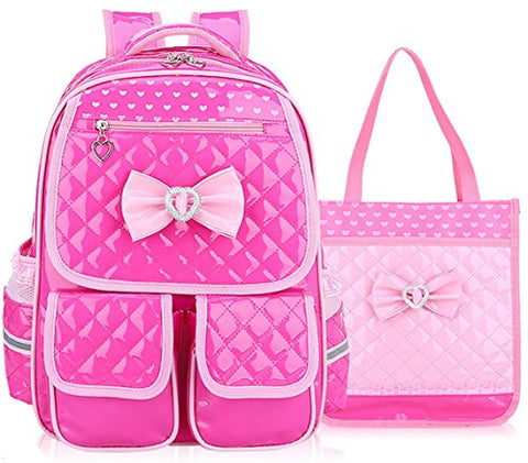Gazigo Reflective Girls Cute School Backpack PU Leather Kids Bookbag Satchel (Rose Set)