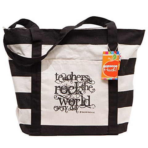 Teacher Peach "Teachers Rock" Canvas Tote Bag - Motivational Handbag With Pockets And Zipper - Best
