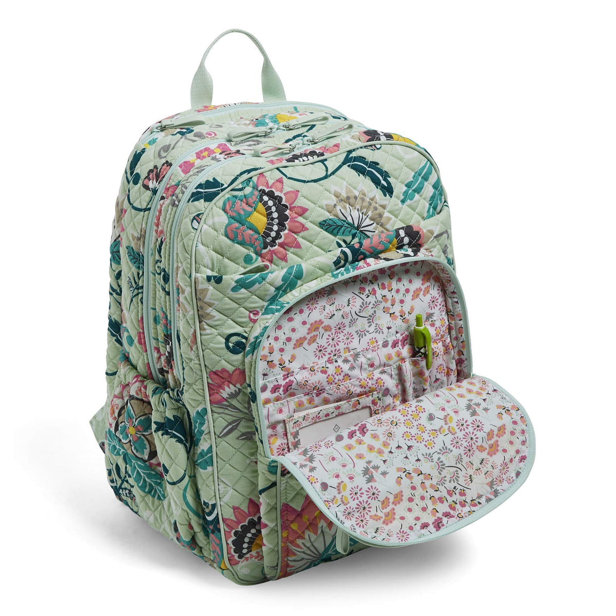 Vera Bradley Mint Green Floral Backpack with Yellow & Light Blue Blooms Vera Bradley Recycled Cotton Small Backpack, Bloom Boom  main image 2