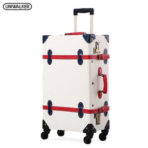 Uniwalker White Pu Leather Retro2''24''26'' Rolling Luggage 20'' Carry On Vintage Suitcase With Red