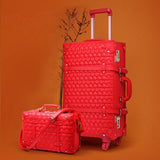Chinese Red Pu Leather Travel Luggage,High Quality Bride Trolley Luggage Set,12 22 24Inches Vintage