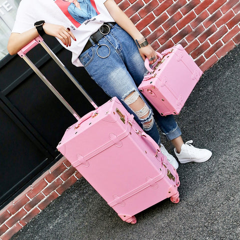 Wholesale!High Quality Girl Pu Leather Trolley Luggage Bag Set,Lovely Full Pink Vintage Suitcase