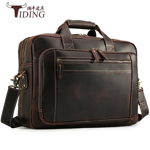 Men'S Travel Bags Briefcases Real Leather Business Man Large Capacity Brown Leather Laptop Shoulder