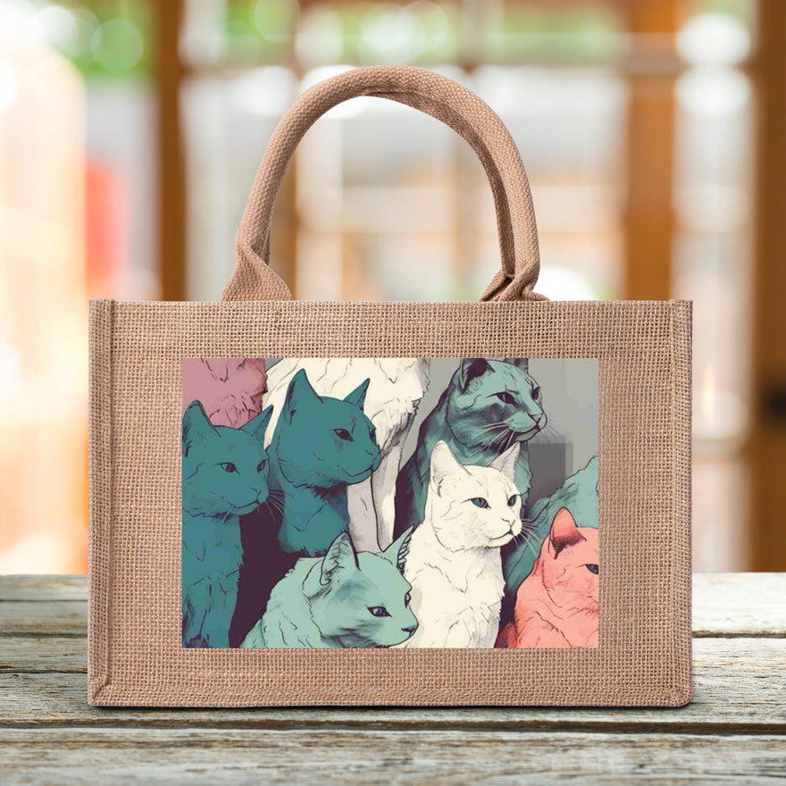 Cat Print  Custom Reusable Jute Burlap Tote Bags