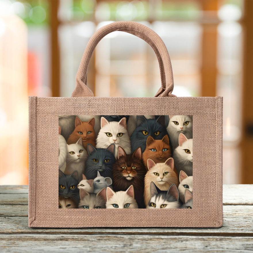 Cat Print  Custom Reusable Jute Burlap Tote Bags