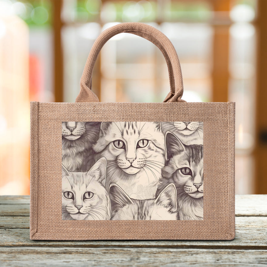 Cat Print  Custom Reusable Jute Burlap Tote Bags