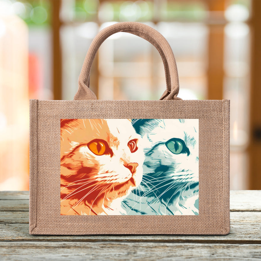 Cat Print  Custom Reusable Jute Burlap Tote Bags