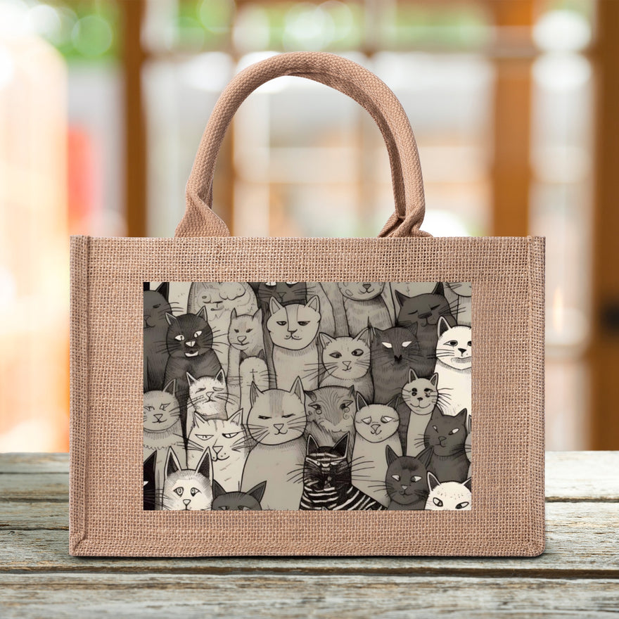 Cat Print  Custom Reusable Jute Burlap Tote Bags