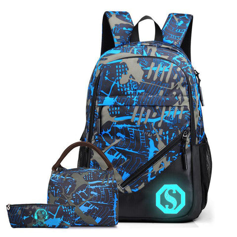 Graffiti three-piece lattice backpack male student bag back Pack casual computer junior high school backpack