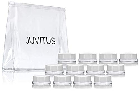 Clear Glass 7 ml Thick Wall Airtight Small Balm Sample Wax Concentrate Jars with White Foam Lined Smooth Lids (12 Pack) + Travel Bag