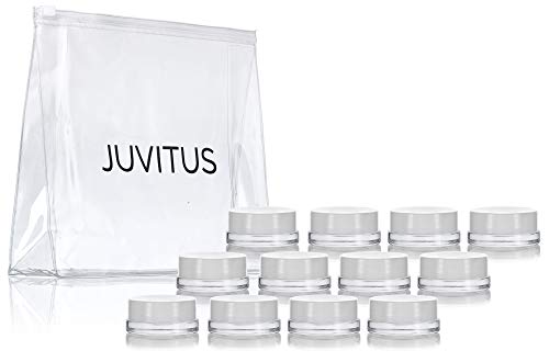 Clear Glass 7 ml Thick Wall Airtight Small Balm Sample Wax Concentrate Jars with White Foam Lined Smooth Lids (12 Pack) + Travel Bag