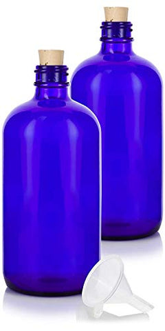 16 oz Cobalt Blue Glass Boston Round Bottle with Cork Stopper Closure + Funnel (2)