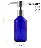 Cornucopia 8oz Cobalt Blue Glass Bottles w/Stainless Steel Pumps (2 pack), Boston Round Bottles for Essential Oils, Lotions and Liquid Soap
