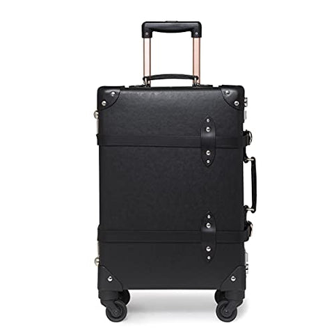 NZBZ Luxury Vintage Trunk Luggage with Wheels Tsa lock Genuine Leather Retro Cute Suitcase (Black, 24")