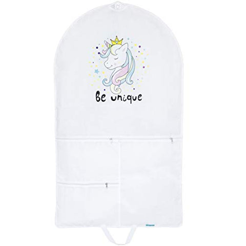 Dance Garment Bag For Costumes-Girls Unicorn Bag White Cover with 3 Large pockets at front BE UNIQUE UNICORN LOGO Strong Sturdy Zip at Back Great for Storage & Traveling 47x27 inches