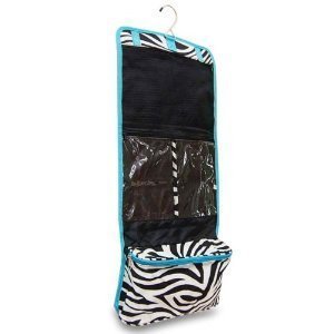 Women'S Hanging Travel Make Up - Cosmetic Bag - Zebra Print With Aqua Trim