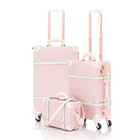 COTRUNKAGE Girls Cute 3 Piece Luggage Set Vintage Carry On Suitcase for Women, TSA Lock Cherry Pink