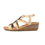 ♡QueenBB♡ Womens Wedge Sandals Summer Rhinestone Bohemian Beaded Ankle Strap Beach Wear Sandal Khaki