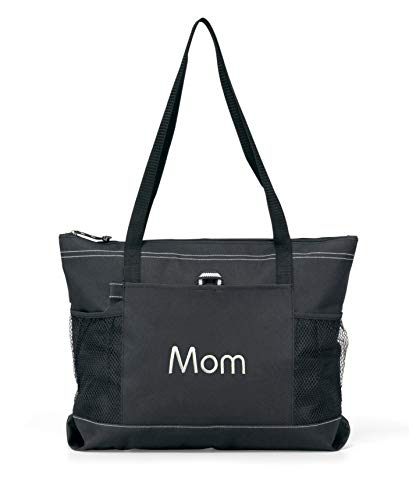 Personalized Beach Bag Monogrammed Tote Premium Zippered with Mesh Pockets (Black)