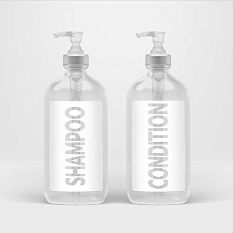 AylaMae Modern Refillable Shampoo and Conditioner Dispensers 500ml / 16.9oz PET Plastic Bottles with Leak Proof Pumps | Labels Printed Directly on Bottles