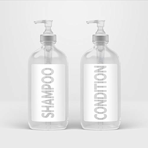 AylaMae Modern Refillable Shampoo and Conditioner Dispensers 500ml / 16.9oz PET Plastic Bottles with Leak Proof Pumps | Labels Printed Directly on Bottles