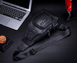 BULLCAPTAIN Men Sling Crossbody Bag with USB Charging Port Genuine Leather Shoulder Chest Bag Travel Hiking Backpack (Black)