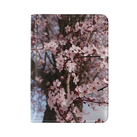 Passport Cherry Blossom Tree Travel Genuine Leather Wallet Cover Case for Womens Mens Kids