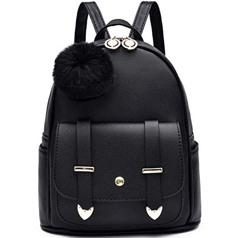 Girls Fashion Backpack Mini Backpack Purse for Women Teenage Girls Purses PU Leather Pompom Backpack Shoulder Bag Black