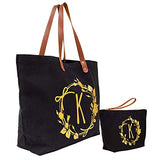 ElegantPark Monogrammed Gifts for Women K Initial Tote Bag Personalized Makeup Bag Wedding Gifts Birthday Teacher Gifts Bag Tote Cosmetic Bag Set of 2 Pcs Black