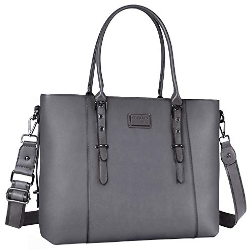 MOSISO PU Leather Laptop Tote Bag for Women (Up to 15.6 inch), Gray