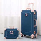 NZBZ Luxury Vintage Trunk Luggage Sets 2 Piece Cute Trolley Retro Suitcase for Women with 12 inch Cosmetic Train Case (Blue Fairy Tale, 24"+12")