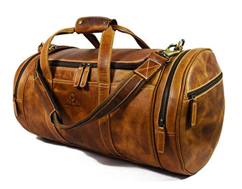 Travel Duffel Overnight Barrel Weekend Leather Bag by Aaron Leather (Brown)