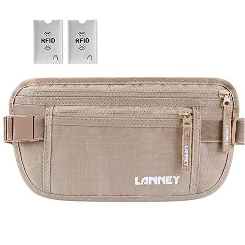 Travel Money Belt for Men Women, RFID Blocking Waist Wallet Hidden Antitheft Passport Holder Concealed Under Clothes Stash Pouch, Bonus 2 Credit Card Sleeves, Beige