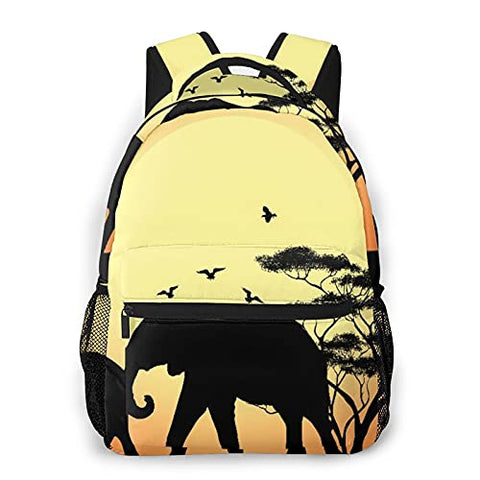 Casual Backpack，Silhouette Of Elephant And Tre,Adult College Shoulder Travel Bag