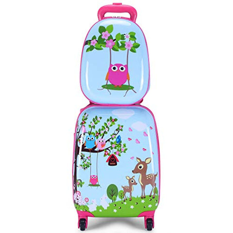 GHP 16"×12"×8.5" ABS Kids Animal Shaped Trolley Suitcase Luggage w 12" School Backpack