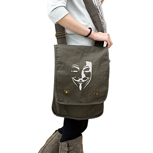 V For Vendetta Inspired Mask Silhouette 14 Oz. Authentic Pigment-Dyed Canvas Field Bag Tote