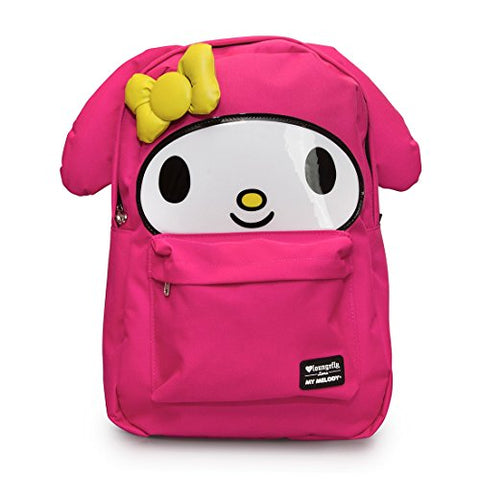 Loungefly school backpack featuring Sanrio's My Melody character. Cute extras include 3d ears and bow with embroidered details. Bag has a roomy front pocket, interior laptop pocket and a patterned lining. Exterior has a top handle, reinforced adjustable s