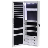HomVent LED Non Full Body Mirror Jewelry Storage Cabinet, 8 LED Lights 4 Storage Shelves 6 Organizer Drawers Cosmetics Holder, Wall Door Mounted Cabinet, White