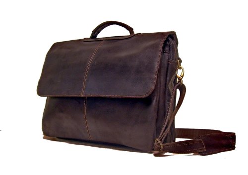 Ledonne Distressed Leather Flap Over Computer Brief, Choc