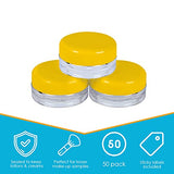 Houseables Sample Containers, 3 Gram Jars, 3 mL, 50 Pk, Yellow, BPA Free Plastic, Cosmetic Jar w/Lids, Screw Cap, Round Pot, 3g Empty Container, Small, Tiny, Tester Bottle, Make Up, Eye Shadow, Nails