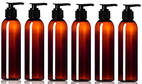 Newday Bottles, Empty Plastic Pump Bottles with Lotion Dispenser BPA-Free Made in USA (6 oz, Amber Brown, Pack of 6)